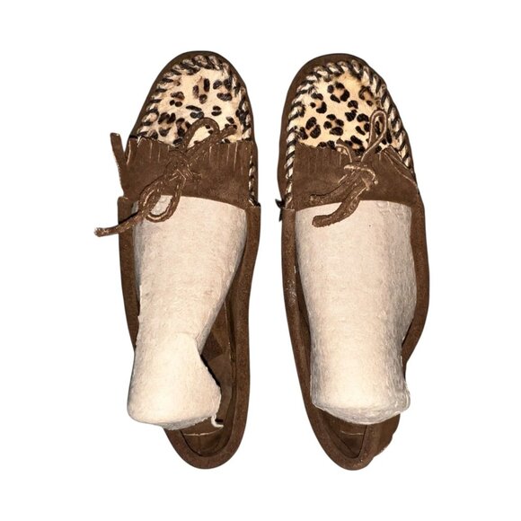 Minnetonka Womens Brown Suede Moccasins With Leopard Print Accent Size 9 - Picture 6 of 13